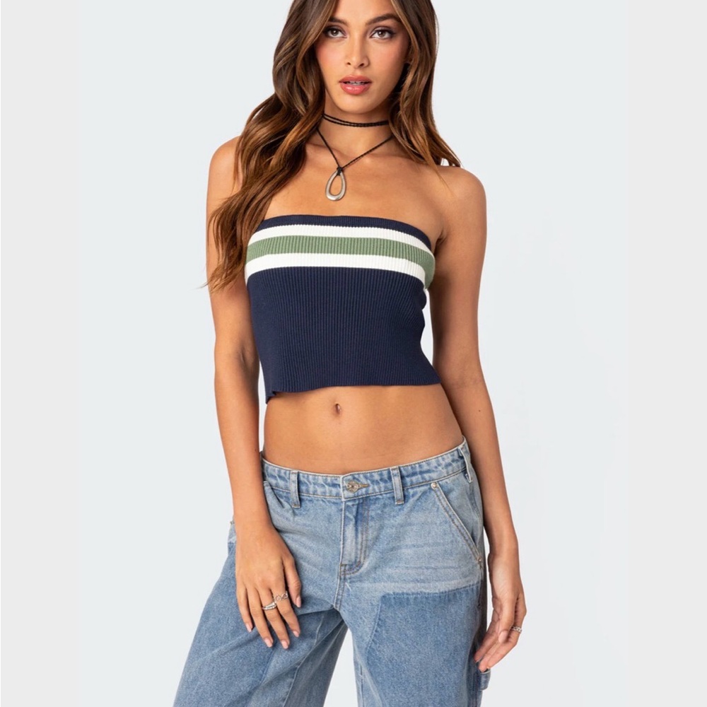 Edikted Navy and Green Strapless Crop Top